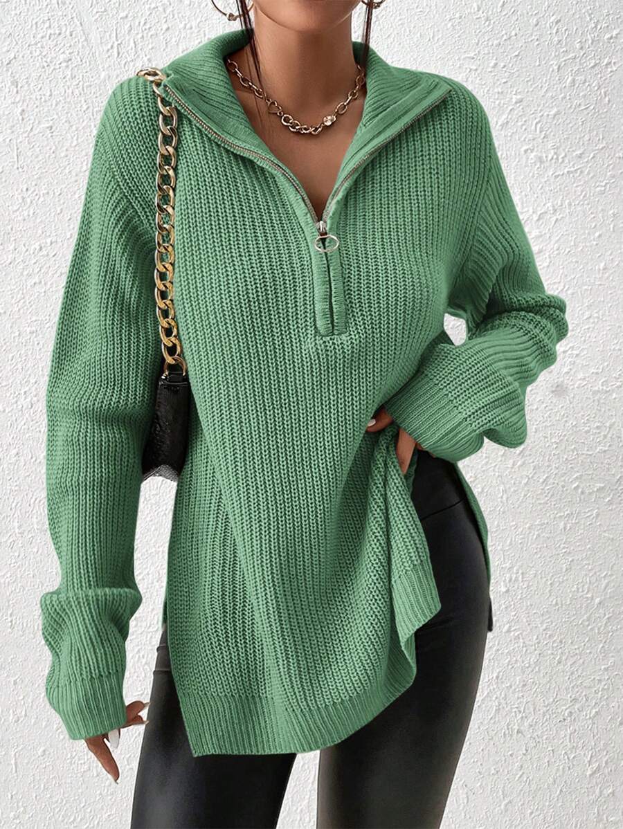 SHEIN Frenchy 半拉链落肩粒纹黑色毛衣