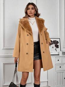 SHEIN Clasi 1 Áo len dài tay cổ lông rộng rãi màu trơn, thu/đông - màu nâu - Xem 4