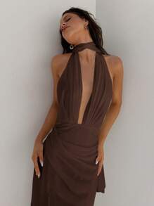 Aloruh Women's Deep V Neck Backless Dress With Draped Sash, A-Line Flowy Chiffon Wedding Party Vacation Summer Dress