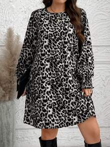 SHEIN LUNE Plus Size Leopard Print Lantern Sleeve Round Neck Halloween Dress - Grey - View 4