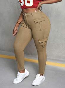 SHEIN PETITE CURVE Plus Size Women Khaki Denim Skinny Cargo Pants Summer Vacations Woman 90s Clothes Springs For Women Y2k Clothes Cowgirls For Women Rave Spring Breaks Going Outs Streetwear 2000s Style Raves Country Concert Festivals For Women - Khaki - View 4