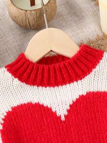 Young Girl And Young Girl Sweater, Chunky Knit Heart Pattern Jacquard Loose Lantern Sleeve Stand Collar, Adorable & Elegant, Comfortable & Warm Casual Knit Cardigan, Autumn/Winter - Red and White - View 6
