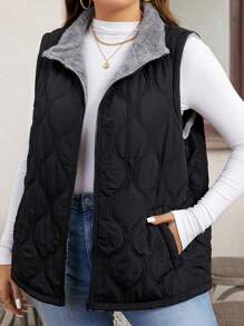 SHEIN LUNE Plus Size Winter Casual Padded Vest Coat, Puffer Vest - Black - View 3