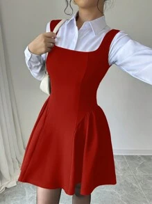 Selianne 新款女士方领无袖 A 字褶皱下摆连衣裙，高弹力纹理面料纯色，时尚年轻合身通勤休闲百搭腰部修身，优雅精致，适合春夏秋冬勃艮第色女装情人节