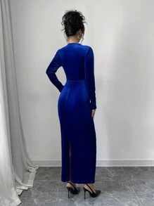 Selianne 1pc Velvet Asymmetric Pleated Slit Dress, Suitable For Date Night Maxi Women Outfit Fall Cloth For Women - Royal Blue - View 2
