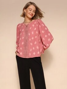 Chiquease Blusa elegante de manga larga con cuello redondo y parches de encaje para mujer