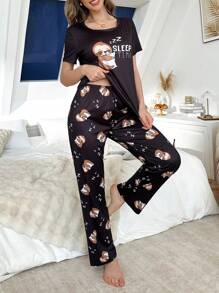 2pcs Set Cute Sloth Print Short Sleeve T-Shirt & Pants Pajama - Black - View 5