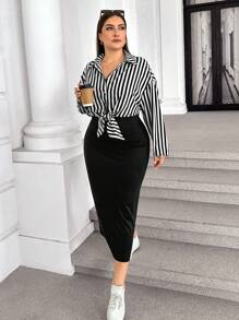 SHEIN Essnce Damen Große Größen Herbst- und Wintermode bequemer schwarz-weiß gestreifter langärmliger Knopfhemd und schwarzes Schlankheitskleid Zweiteiler, Herbstmode für Damen, Herbstoutfit Sets
