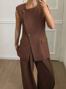 Livesso 2 Pieces Elegant Women Summer Set - Sleeveless Solid Top & Wide Leg Pants,Fall Clothes - Coffee Brown - View 5