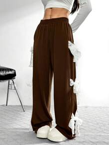 Chiquease Ins Style Casual Women Wide Leg Pants With Bow Lace Patchwork Detail, Loose Fit Straight Trousers For Autumn