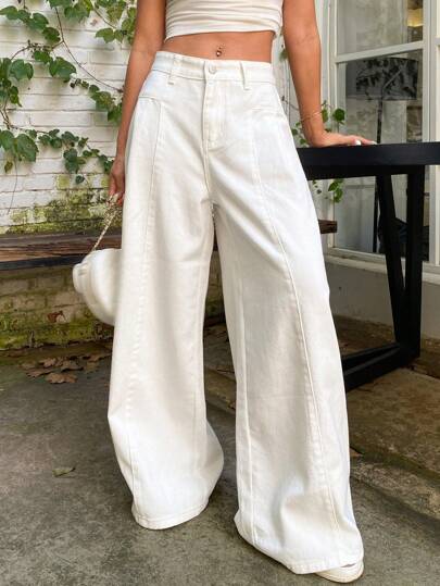 DAZY 女士休闲纯色褶皱阔腿牛仔裤