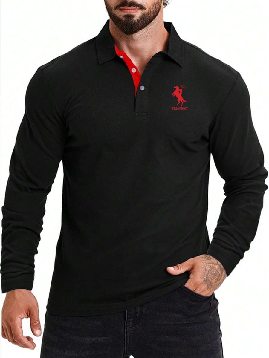 Manfinity Dauomo Men's Casual Everyday Horse Print Button Half-Open Collar Long Sleeve Polo Shirt, Autumn - Black - View 1