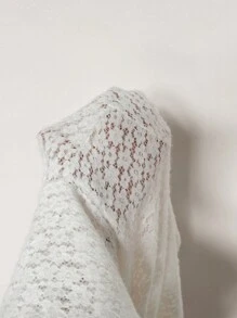 SHEIN Clasi 女士纯色毛绒高领长袖蕾丝 T 恤，秋冬 - 白色 - 查看 7