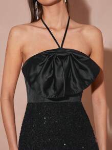 Enchnt Robe courte pour femme de couleur unie avec nœud décoratif, patchwork et sequins - Noir - Voir 3
