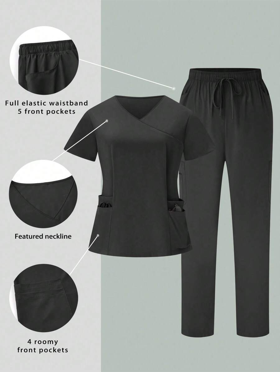 SHEIN TaskFit Plus Size Women Plain Color V-Neck Patchwork Pocket Short Sleeve Nursing Uniform Scrub Set - Grey - View 1