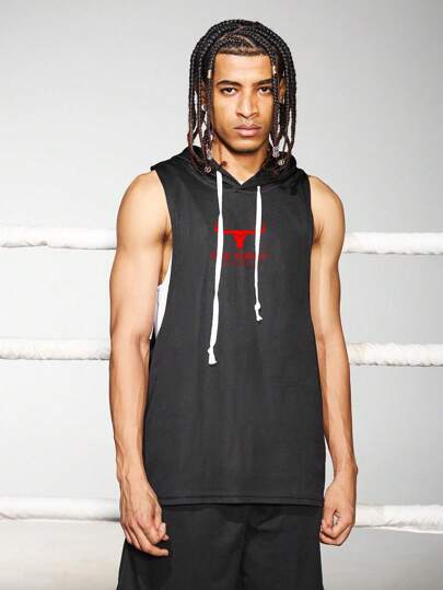 Manfinity Sport Corelite 男友风男士休闲牛头字母印花抽绳连帽背心，夏季男士无袖男士背心，男士无袖男士无袖背心