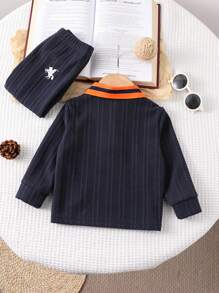 Souflis Souflis 2pcs Baby Boy Polo Collar Long Sleeve T-Shirt With Embroidered Front Logo & Casual Pants Set, Suitable For Autumn - Royal Blue - View 3