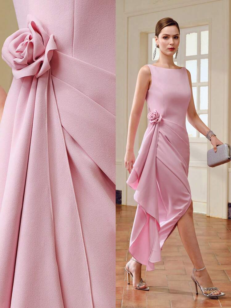 ZEYLAH SOLID WRAP RUCHED STEREO FLOWER WAIST DRESS