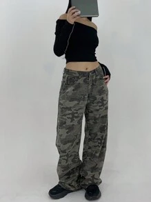 DAZY Loose Fit Flare Leg Long Jeans For Women, Camo Denim Pants