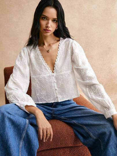 Poéselle Women's Floral Embroidery V-Neck Long Sleeve Blouse, Suitable For Casual Outings,Long Sleeve Tops