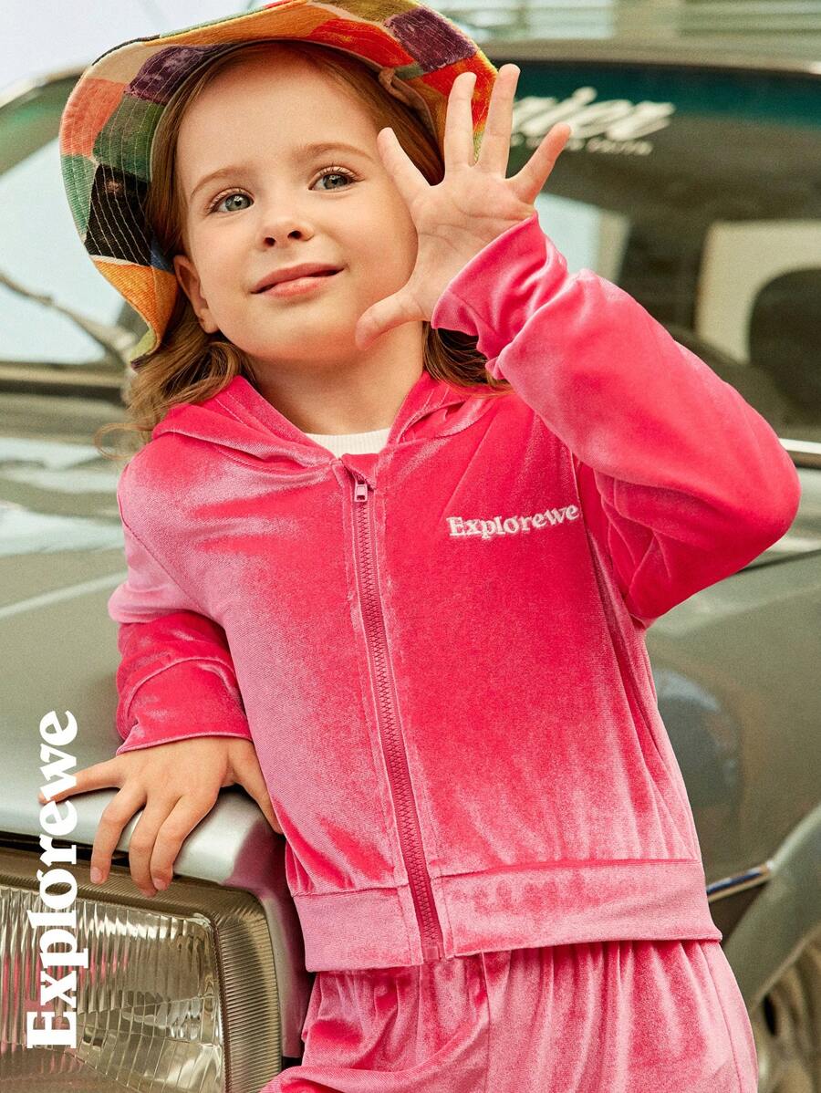 SHEIN 2 件套女孩刺绣字母天鹅绒柔软有弹性运动休闲装，时尚舒适 - 粉色 - 查看 1