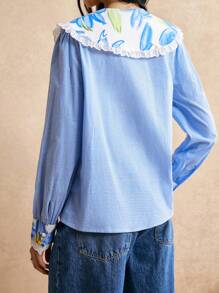 Poéselle 女式秋季花卉印花荷叶边领长袖格子可爱衬衫冬秋装 FW24，波西米亚风