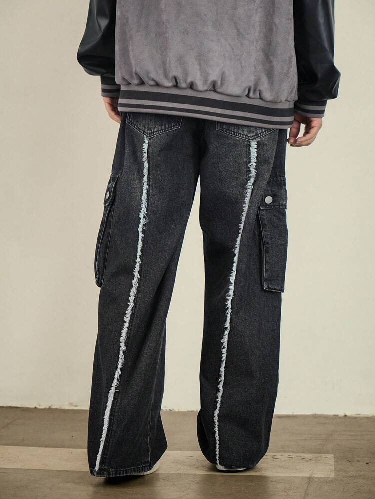 Men's Raw Edge Flap Pocket Loose Cargo Jeans, Streetwear Style, Autumn