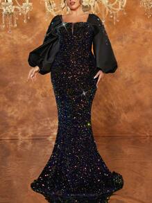 Glamrae 加大码黑色天鹅绒耀眼亮片拼布缎面厚重手工缝制彩色水钻方领泡泡袖优雅华丽厚重晚礼服，长袖正式舞会礼服，适合婚礼嘉宾、毕业典礼、晚宴 - 黑色 - 查看 6