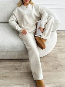 SHEIN Tall Tall 2 Pcs Set: Cable Knit White Sweater And Wide Leg Pants, Casual/Loungewear Everyday Homewear Autumn Lounge - Apricot - View 8