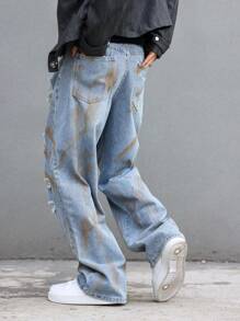 Manfinity EMRG Men's Casual Ripped Distressed Print Loose Fit Washed Denim Jeans, Autumn Light Blue Jeans, For Husband, Boyfriend Gifts - Blue - View 2