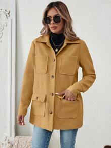 EMERY ROSE 1pc Women Plain Color Button Front Long Sleeve Pocket Casual Jacket Fall Winter Cloth For Women - Khaki - View 4