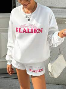 INAWLY 2pcs Women's Floral Letter Print Loose Crew Neck Sweatshirt And Shorts Set, Spring/Fall - White - View 4