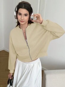 INAWLY Women Casual Solid Color Drop Shoulder Loose Zip-Up Baseball Jacket - Khaki - View 1