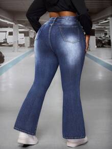 SHEIN SXY 大码秋季休闲破洞口袋喇叭腿牛仔裤 - 藍色 - 查看 2