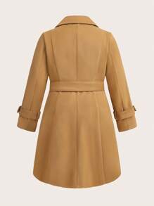 Flirla 1pc Plus Size Women Double-Breasted Ruffle Hem Adjustable Waist Belt Coat, Suitable For Autumn/Winter - Camel - View 2