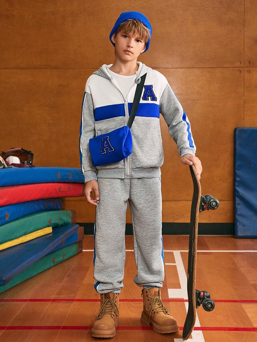 SHEIN 2 件套基本款休闲拼色羊毛套头衫和斜挎包套装,适合青少年男孩 - 灰色 - 查看 1
