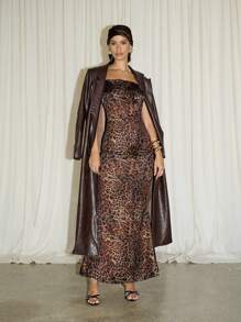 AiiRZ Leopard Print Cowl Neck Spaghetti Strap Backless Fitted Maxi Dress With Matching Bandana - Brown - View 5