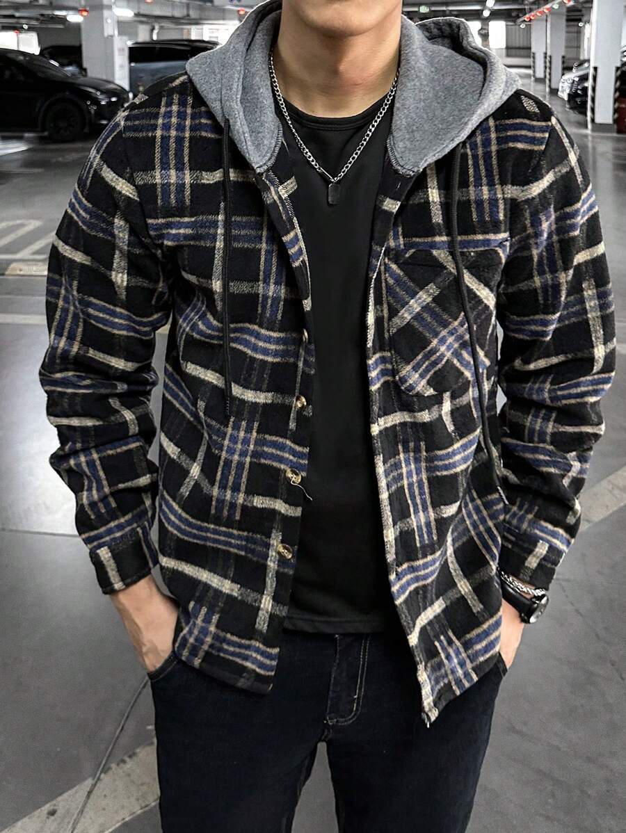 Manfinity Hypemode 男士格子纽扣连帽夹克，适合休闲户外活动，男士法兰绒夹克，男士格子夹克，男士连帽法兰绒，男士休闲夹克 - 彩色 - 查看 1