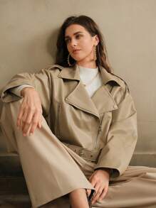 Anewsta 女士时尚高端卡其色翻领 PU 皮革短夹克 - 卡其色 - 查看 2