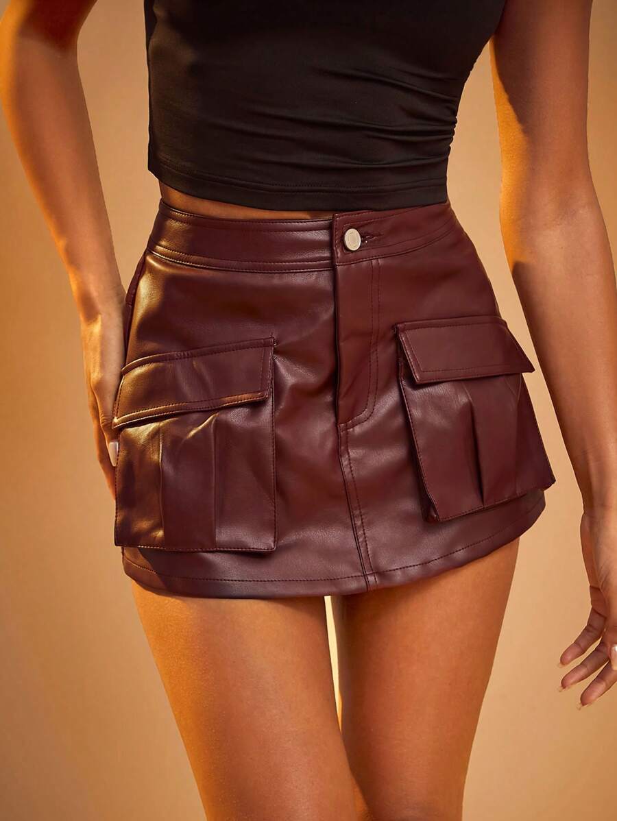 Hauture Flap Pocket Detail PU Faux Leather Mini Skort - Burgundy - View 1