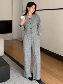 DAZY 2pcs Women Elegant Commuting Set, Including Long Sleeve Single-Breasted Jacket And Pants, Autumn,Fall Women Clothes - Grey - View 6