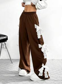 Chiquease Ins Style Casual Women Wide Leg Pants With Bow Lace Patchwork Detail, Loose Fit Straight Trousers For Autumn