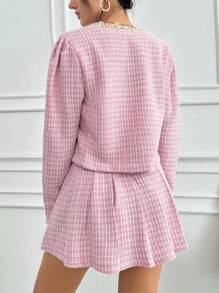SHEIN Cottnline Lace Trim Puff Sleeve Jacket And Pleated Skirt 2pcs/Set - Pink - View 2