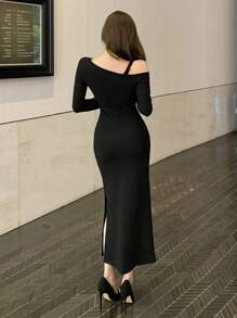 DAZY Vestido tipo body con hombros abiertos hasta la mitad de la pantorrilla, elegante para otoño e invierno