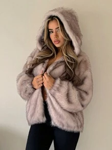 SHEIN ICON Áo khoác lông xù rộng thùng thình có tay áo Dolman hở phía trước, khóa kéo - Màu Khaki - Xem 4