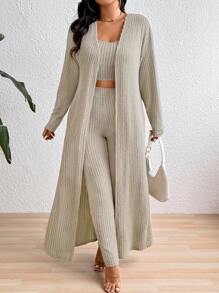 SHEIN Clasi Plus Size Women 3 Pieces Set: Super Soft Fleece Vest + Pants + Jacket - Apricot - View 3