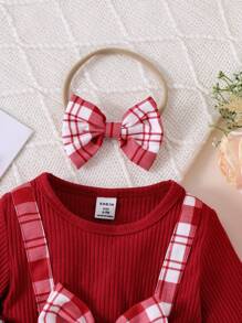 SHEIN Infant Girls Plain Color Patchwork Bowknot Decor Casual Long Sleeve Mini Dress