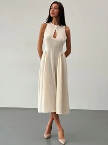 Aloruh Women's Sleeveless Cutout Front A-Line Side Ruched Midi Dress, Elegant, Ins Style - Apricot - View 5