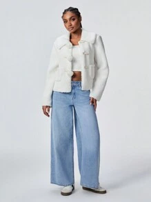 SHEIN Unity 1 件女士休闲简约百搭白色蓬松翻领前开长袖夹克，适合圣诞节、秋冬季 - 白色 - 查看 3