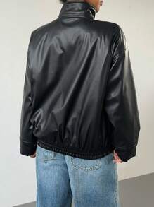 Aloruh 1 pièce Veste en faux minimaliste à manches longues et fermeture éclair frontale de couleur unie, décontractée pour le port quotidien